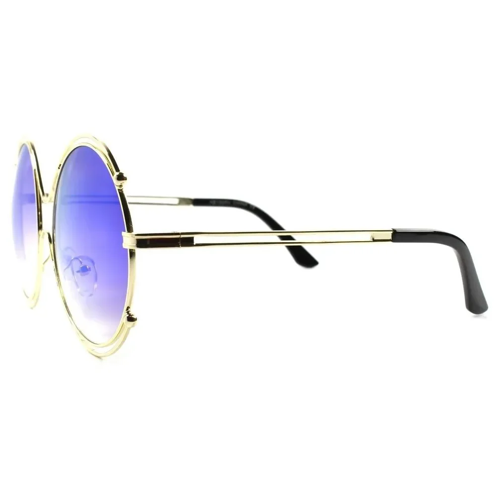 Upscale Gold Frame Green Mirror Lens Womens Designer Oversized Round Sunglasses